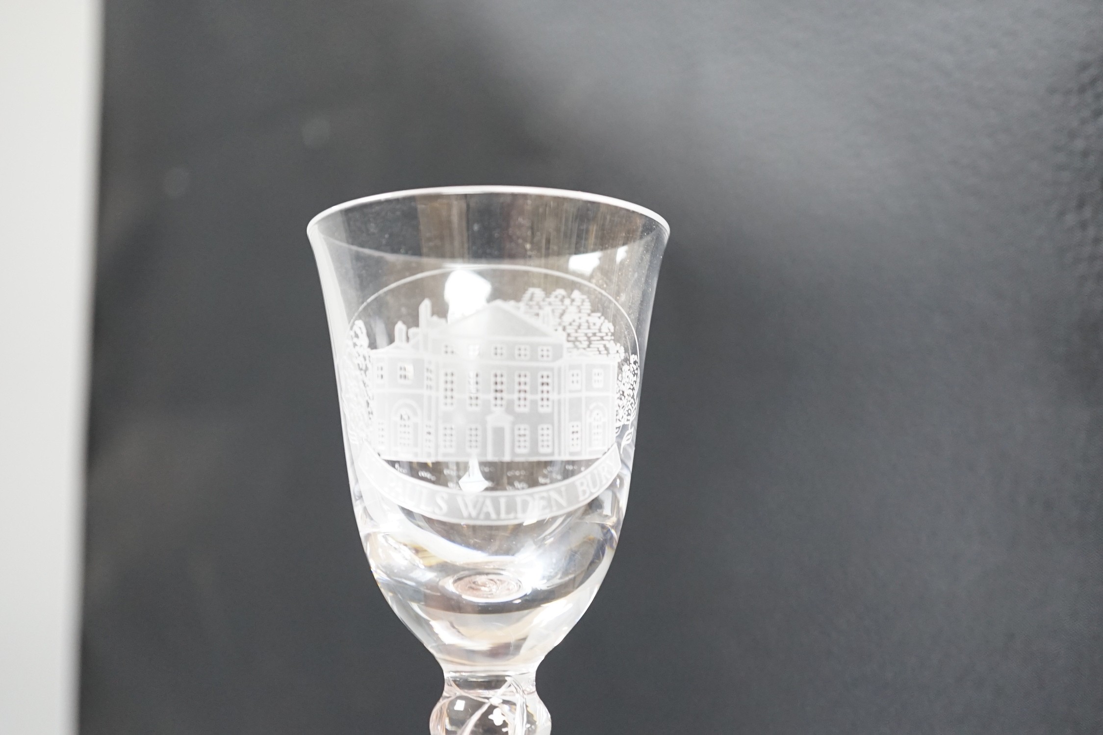 Orrefors by repute - five etched air-twist wine glasses commemorating the Queen Mother, with matching decanter